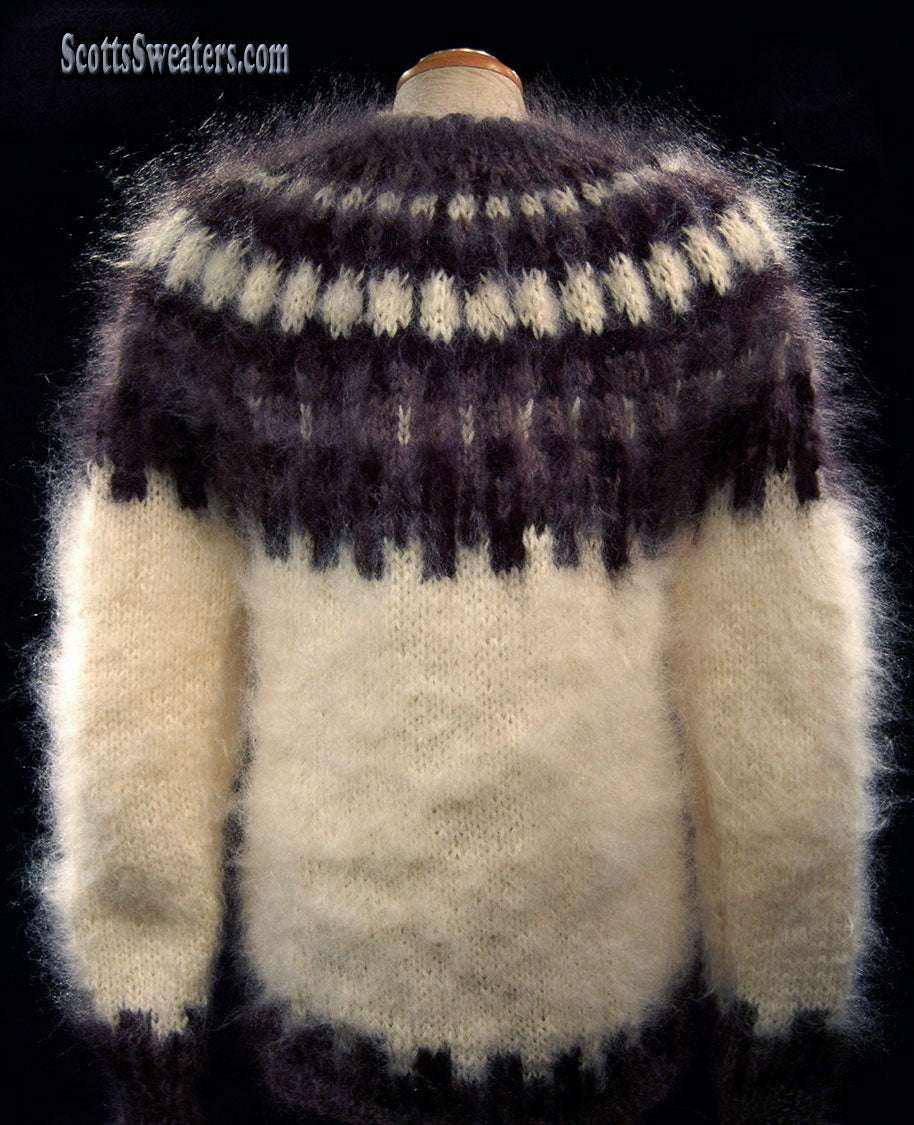 Unisex zipper-front white handknit mohair cardigan sweater