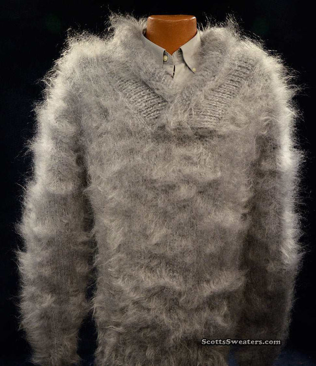 Men's grey hand-knit shawl neck mohair pullover sweater hip-length medium-large size