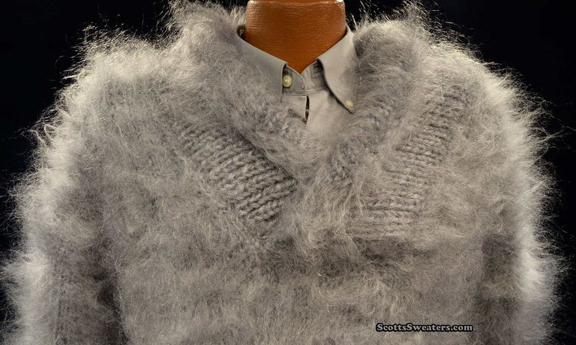 Men's hand-knit grey mohair sweater with shawl neck collar by Scott's Sweaters
