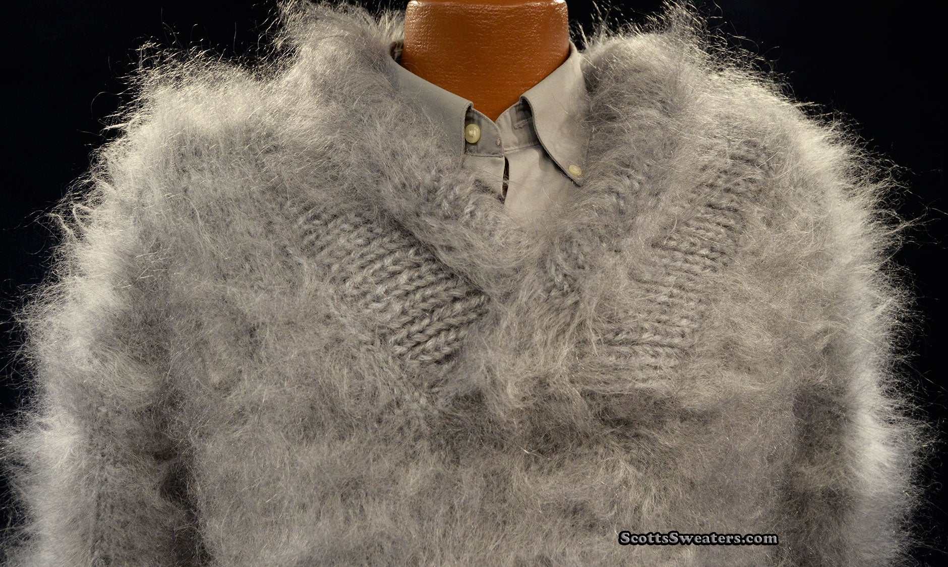 Unisex hand-knit mohair sweater with cross-over neck in gray on mannequin