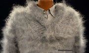 Unisex hand-knit mohair sweater with cross-over neck in gray on mannequin