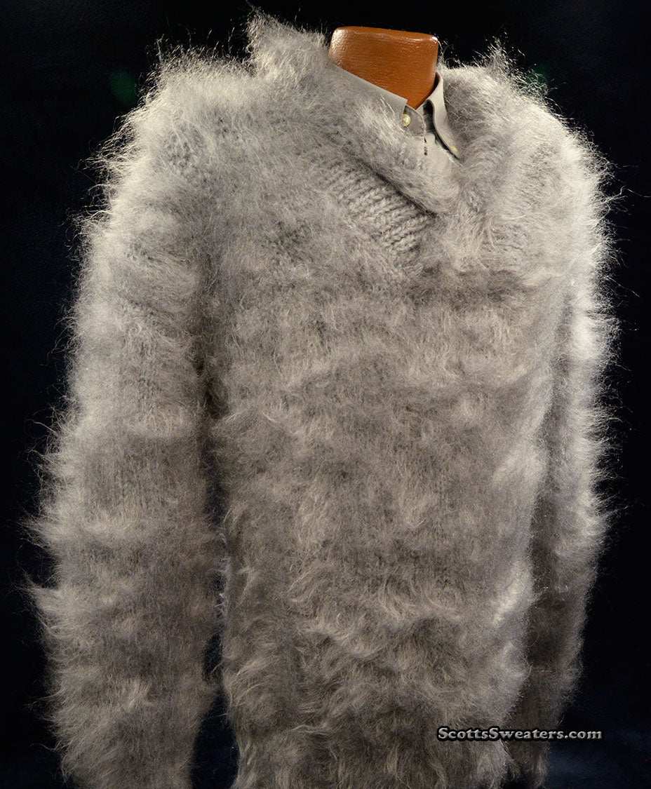 Grey men's hand-knit shawl neck mohair sweater medium-large hip-length