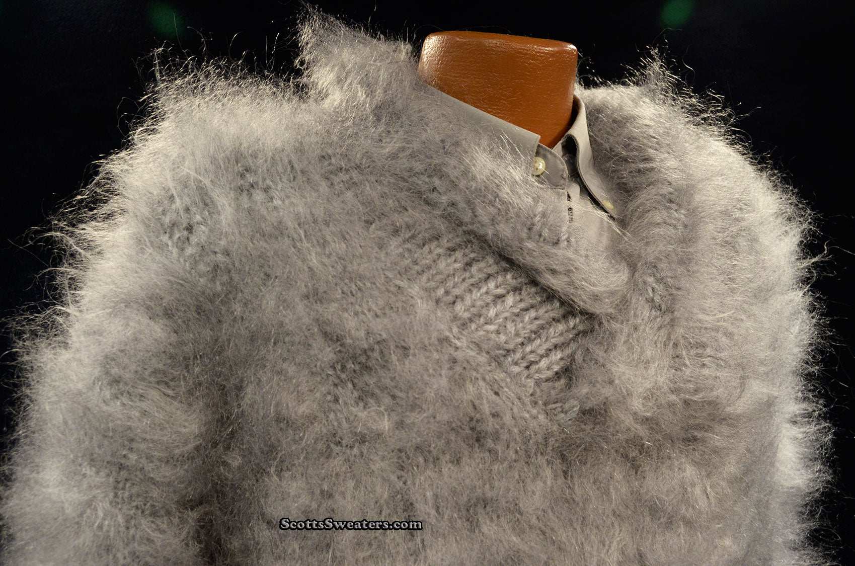 Hand-knit unisex mohair sweater with fuzzy texture and cross-over neck in gray color