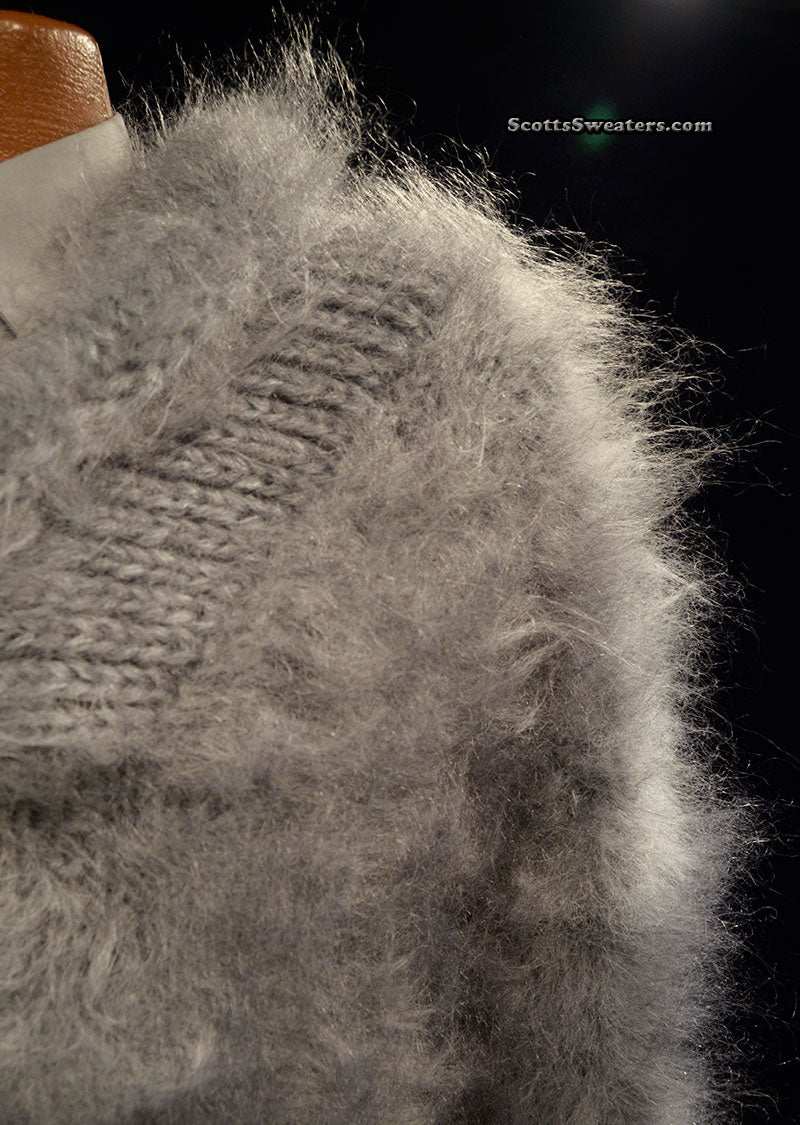 Grey hip-length men's hand-knit shawl-neck mohair sweater by Scott's Sweaters medium-large 44-46