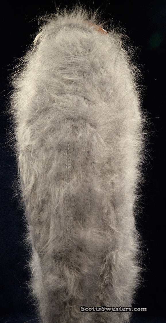 Unisex hand-knit gray mohair sweater with cross-over neck, medium-large size