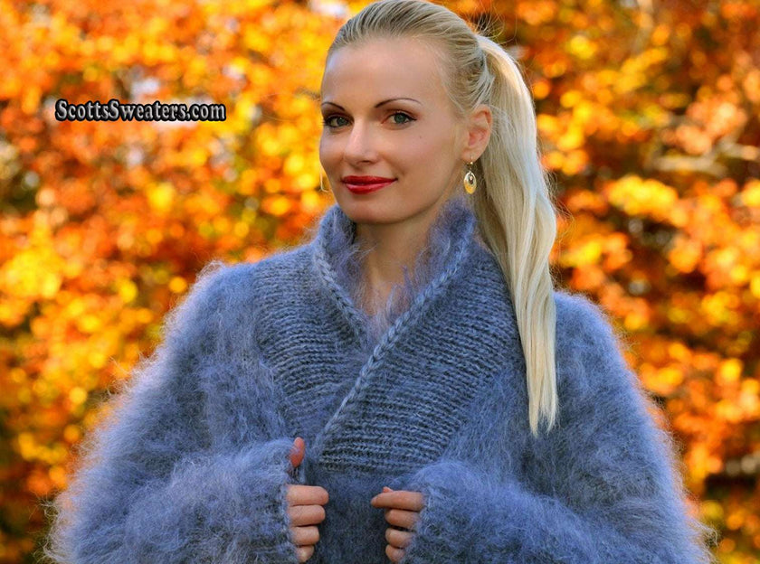 Woman wearing hand-knit unisex mohair sweater with cross-over neck in autumn setting