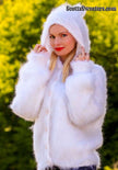 Woman's white hand-knit mohair sweater jacket with hood by Scott's Sweaters, size Large/X-Large
