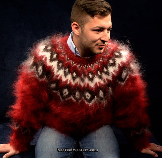 Deep Red Hand-Knit Crewneck Mohair Sweater
