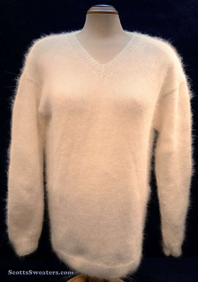 Woman's white hand-knit angora V-neck sweater by Scott's Sweaters, medium size