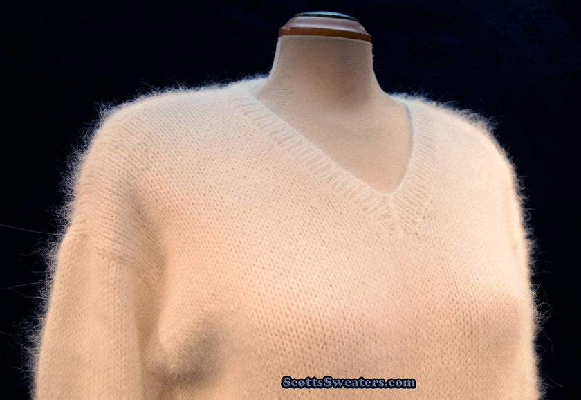 Woman's white hand-knit angora V-neck sweater medium size by Scott's Sweaters