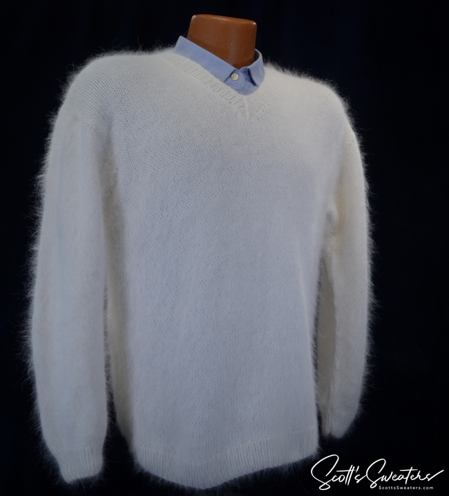 Men's handknit luxurious V-neck angora sweater made from 75% angora and 25% nylon fiber