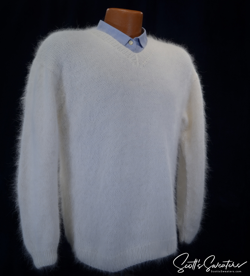Men's handknit luxurious V-neck angora sweater made from 75% angora and 25% nylon fiber