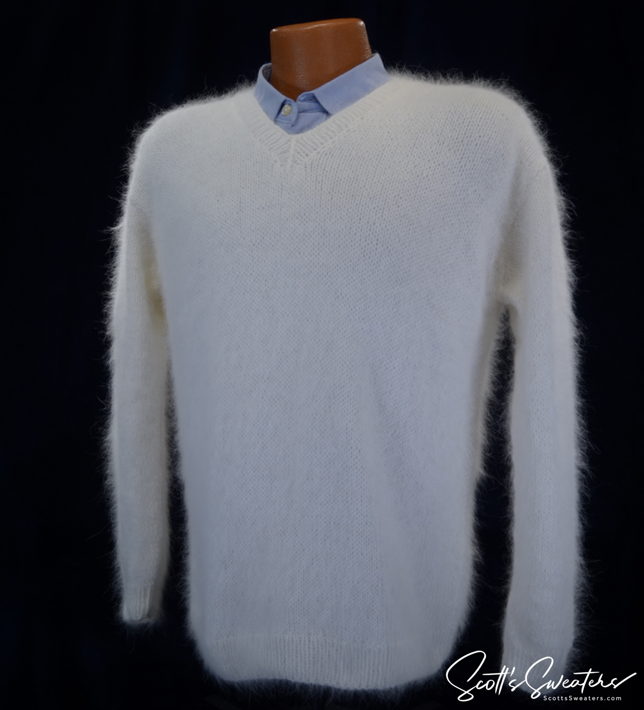 Men's handknit luxurious V-neck angora sweater made of 75% angora and 25% nylon fiber