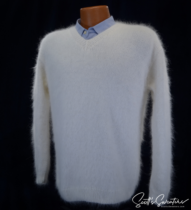 Men's handknit luxurious V-neck angora sweater made of 75% angora and 25% nylon fiber