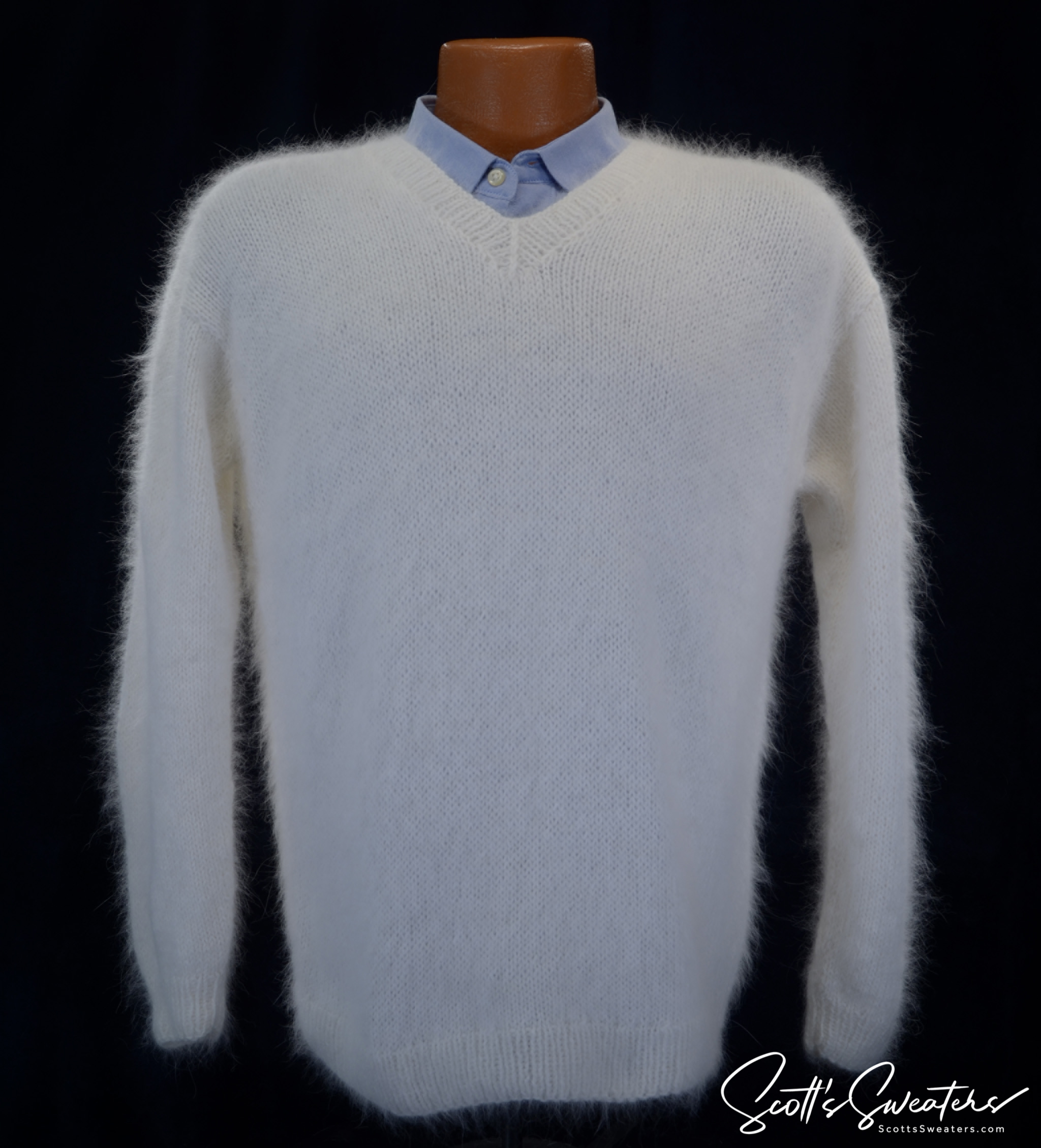 Men's handknit luxurious V-neck angora sweater with 75% angora and 25% nylon fiber content, soft and high-quality knitwear