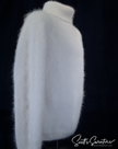 Men's handknit luxurious turtleneck angora sweater in cream color, made of 75% angora and 25% nylon.