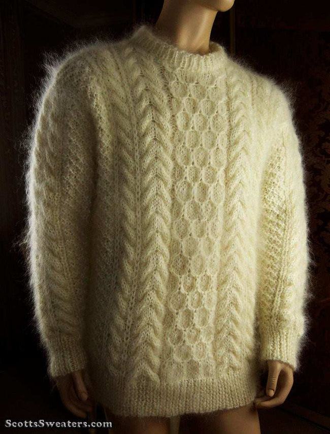 Men's fuzzy handknit ivory Aran mohair sweater by Scott's Sweaters, X-Large 48
