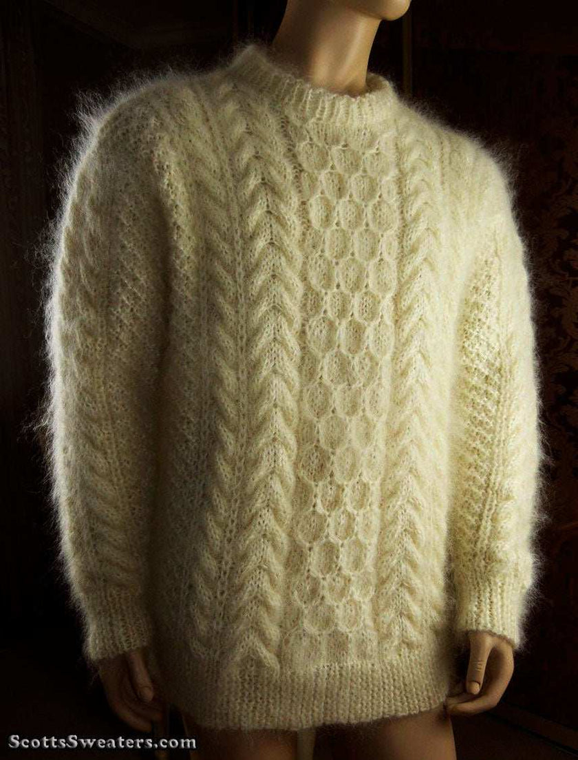 Men's fuzzy handknit ivory Aran mohair sweater by Scott's Sweaters, X-Large 48