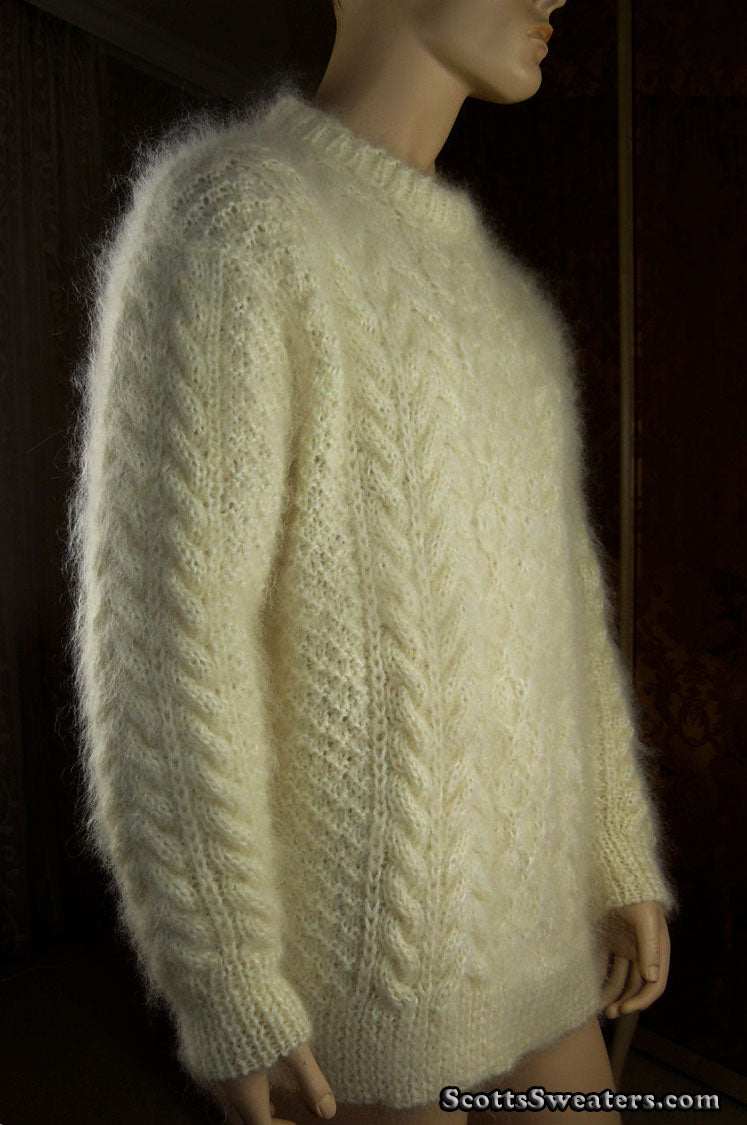 Men's fuzzy handknit ivory mohair Aran sweater by Scott's Sweaters, X-Large 48