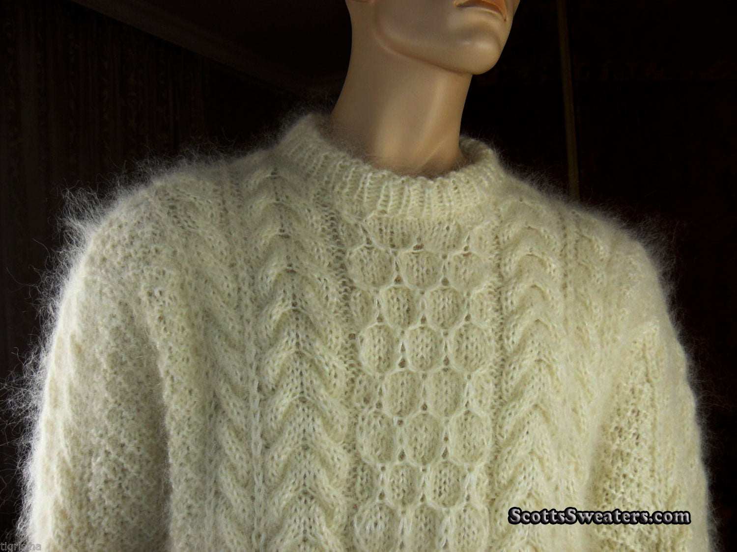 Ivory men's fuzzy handknit Aran mohair crewneck sweater in XL by Scott's Sweaters