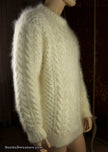Ivory men's fuzzy handknit mohair Aran sweater by Scott's Sweaters, size XL