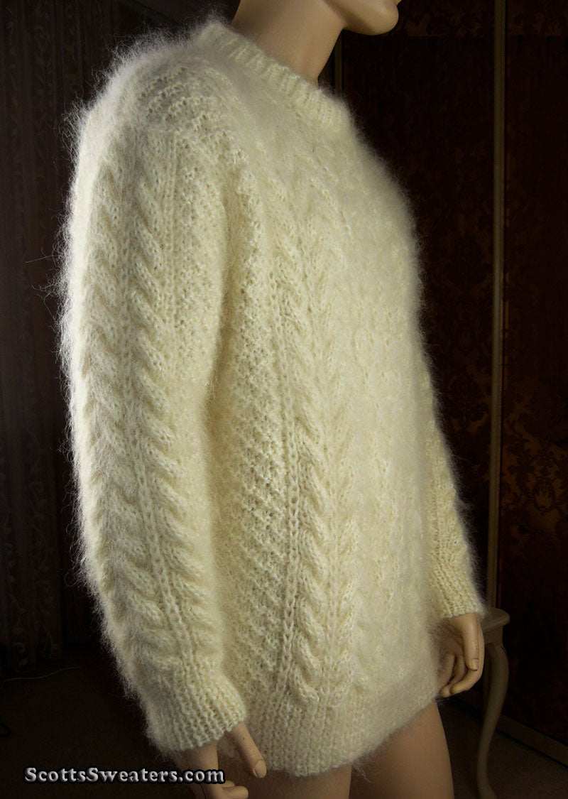 Ivory men's fuzzy handknit mohair Aran sweater by Scott's Sweaters, size XL