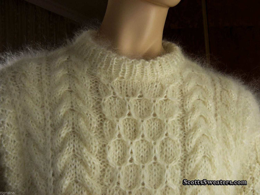 Men's fuzzy handknit ivory mohair Aran crewneck sweater by Scott's Sweaters, XL size