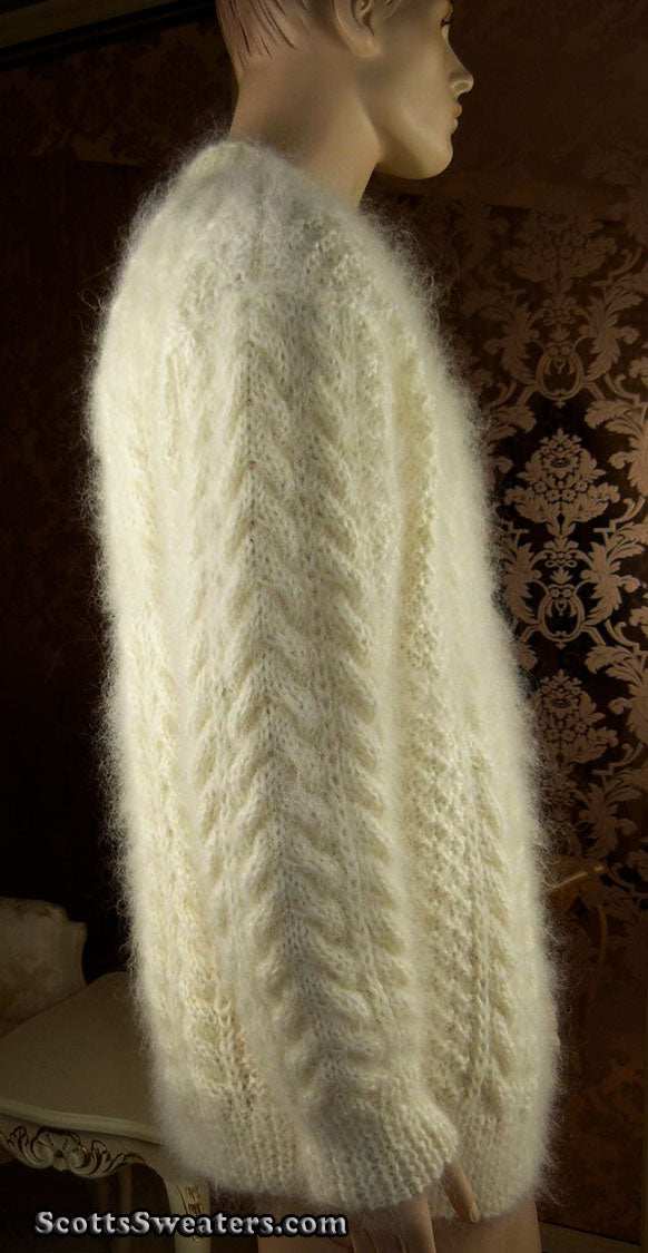 Ivory men's fuzzy handknit Aran mohair sweater by Scott's Sweaters in X-Large size