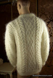 Ivory men's fuzzy handknit mohair Aran crewneck sweater by Scott's Sweaters, XL size