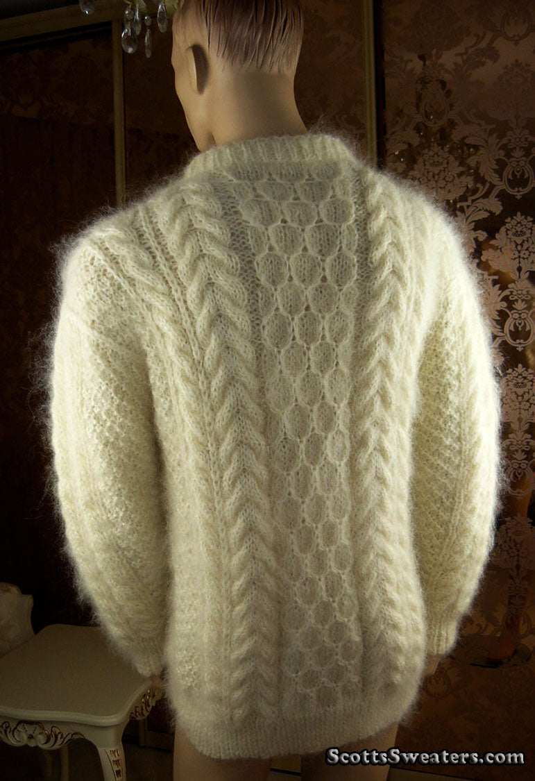 Ivory men's fuzzy handknit mohair Aran crewneck sweater by Scott's Sweaters, XL size
