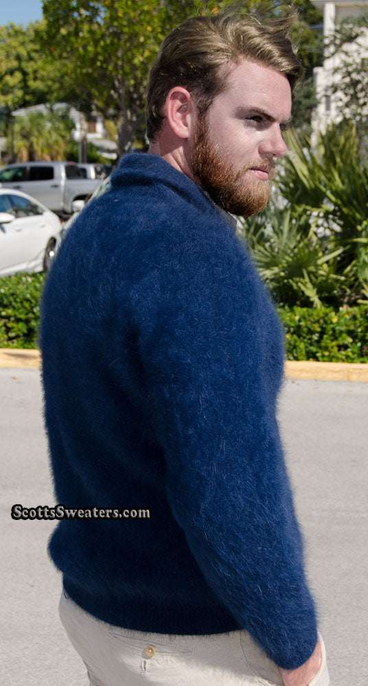 Men's solid-color angora cardigan sweater in royal blue with shawl-neck collar and ultra-soft double-thickness knit for warmth