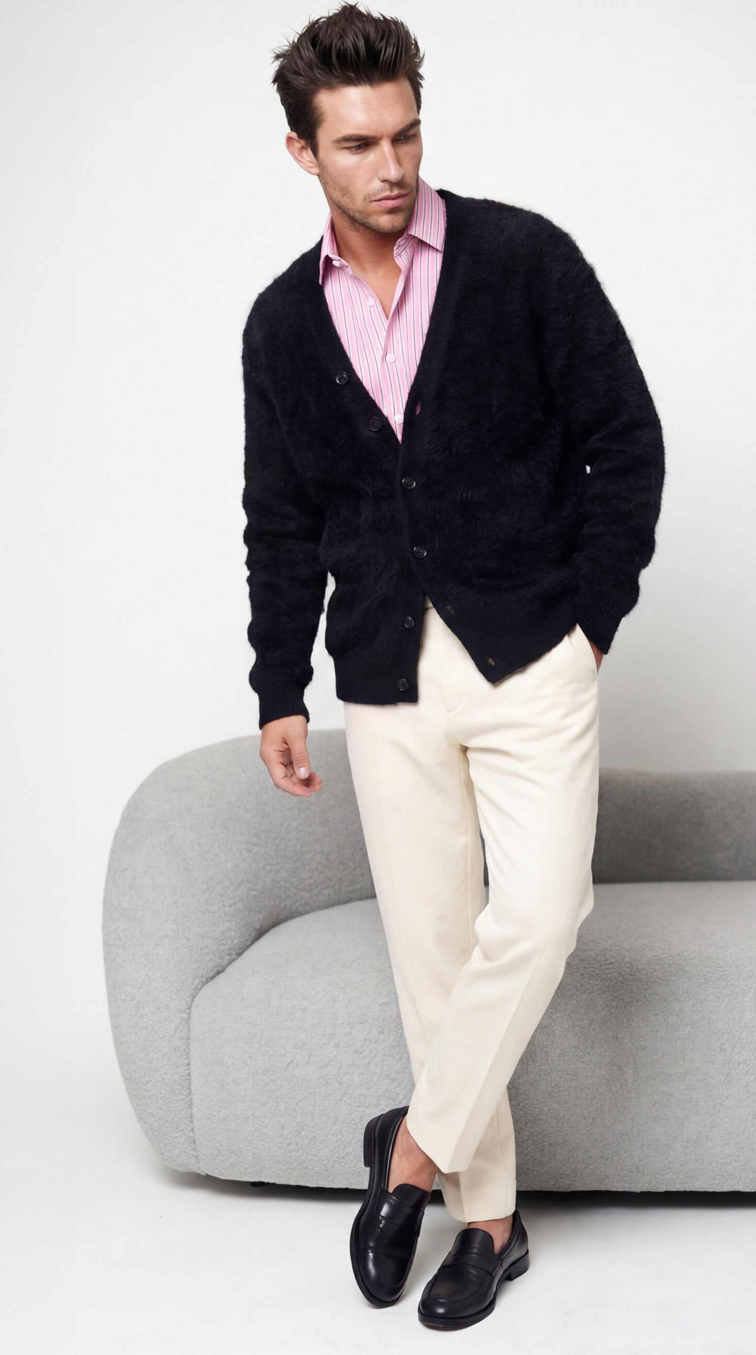 Men's solid-color angora cardigan sweater with shawl neck collar in luxurious soft fabric
