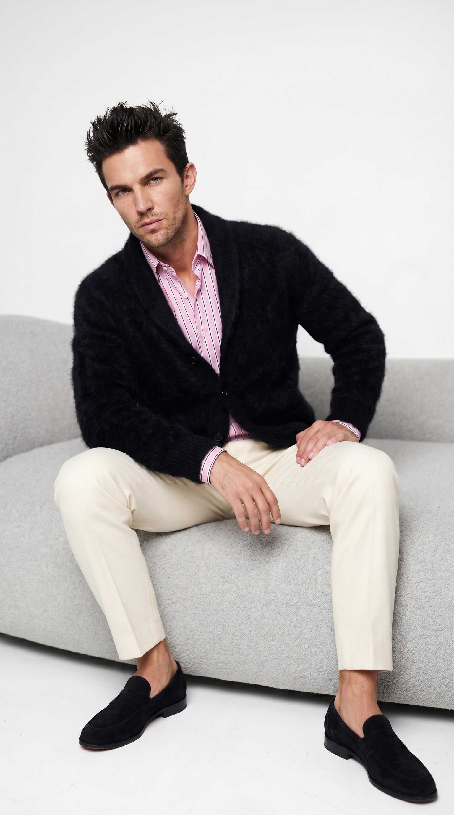 Men's solid-color angora cardigan sweater with shawl collar in plush knit design