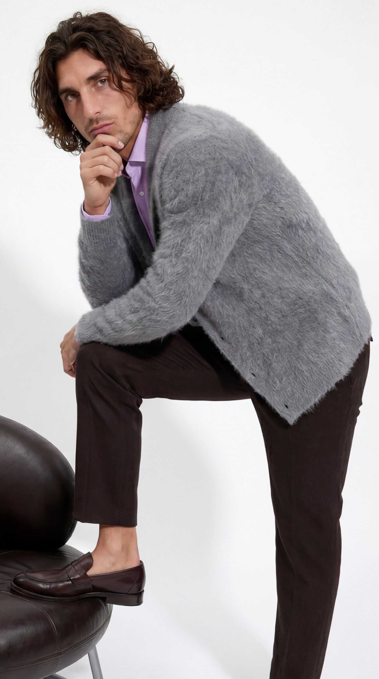 Men's Solid-color Angora cardigan sweater with shawl collar and soft angora fabric