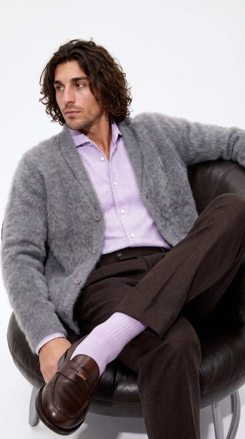 Men's solid-color angora cardigan sweater with shawl collar in plush knit