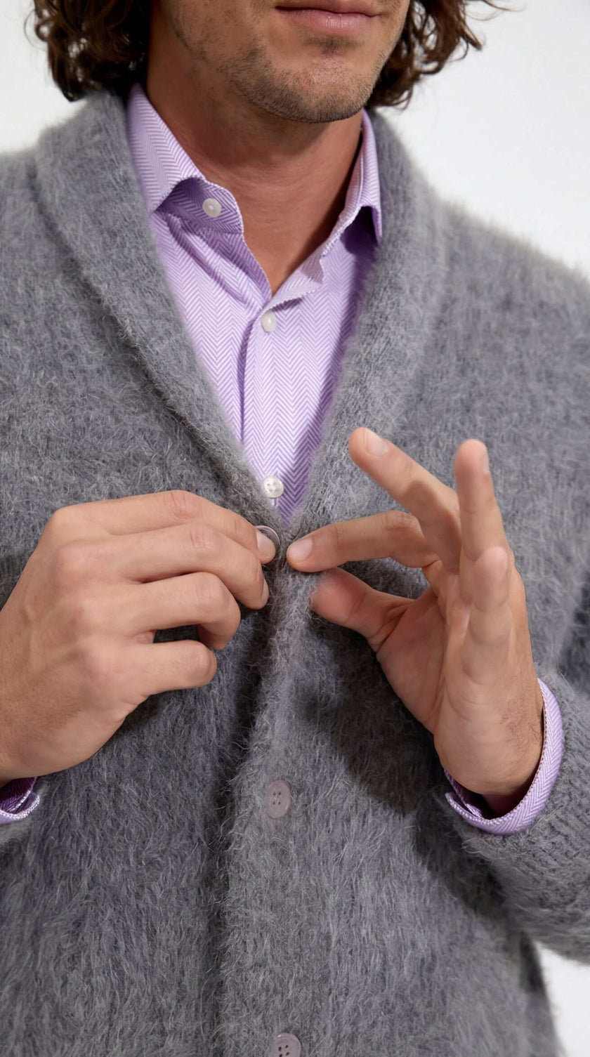 Men's Solid-color Angora cardigan sweater in shawl collar style, showcasing luxury and warmth
