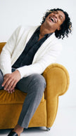Men's solid-color angora cardigan sweater with shawl collar and plush knit design