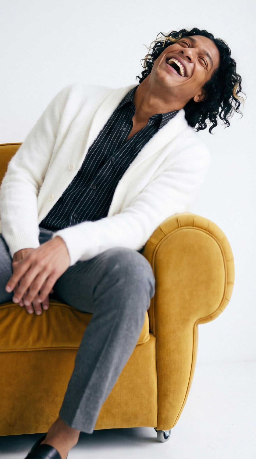 Men's solid-color angora cardigan sweater with shawl collar and plush knit design