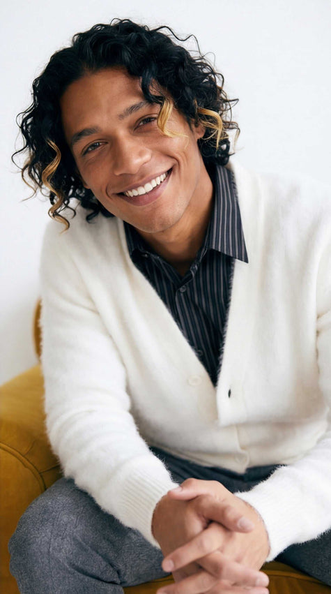 Men's solid-color angora cardigan sweater with shawl collar and double-thickness knit for warmth and luxury