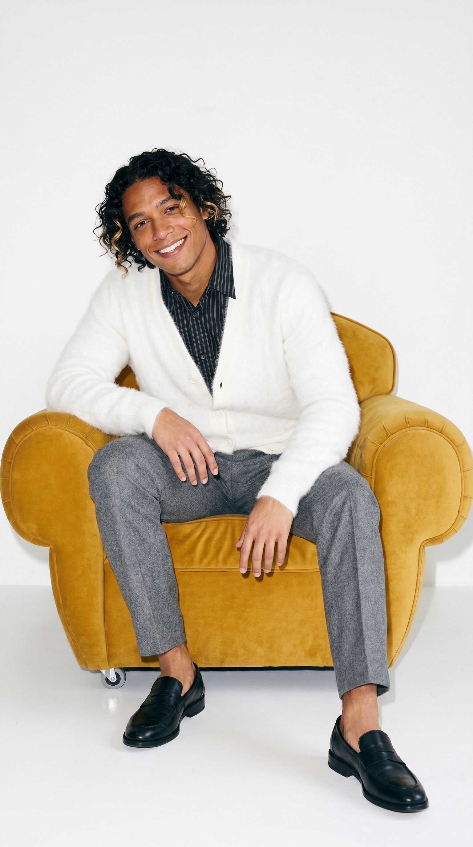 Men's Solid-color Angora cardigan sweater with shawl collar and double-thickness knit in solid color