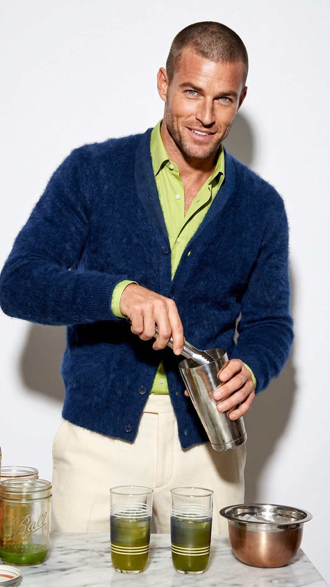 Men's Solid-color Angora cardigan sweater with shawl collar and double-thickness knit, showcasing luxury and softness for elegant style