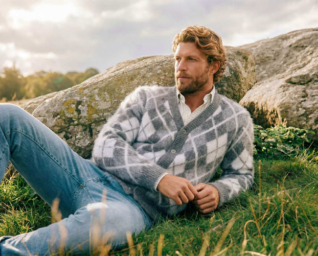Men's Argyle Angora cardigan sweater with three-tone argyle pattern and ultra-soft angora fabric