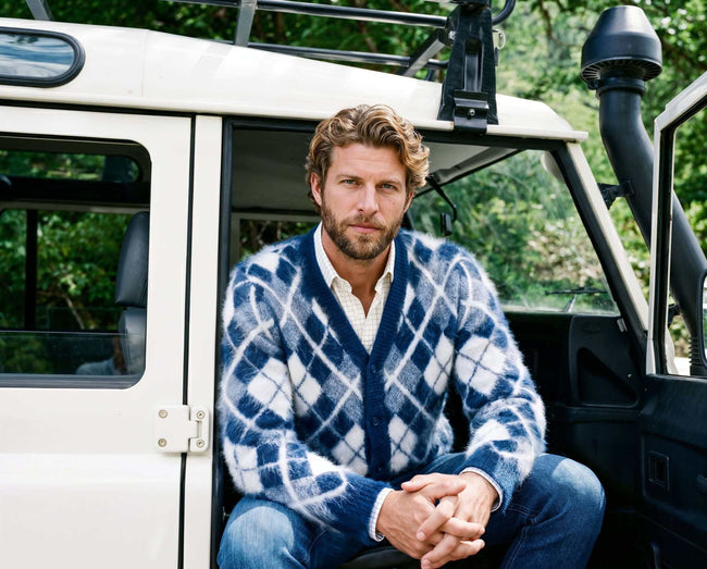 Men's Argyle Angora cardigan sweater with three-tone argyle pattern and ultra-soft angora fabric
