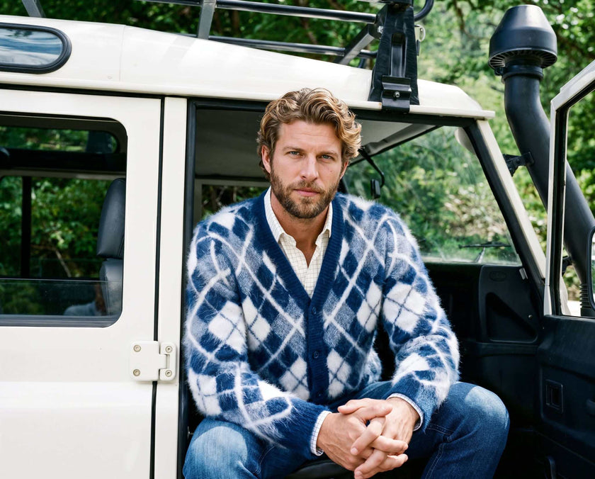 Men's Argyle Angora cardigan sweater with three-tone argyle pattern and ultra-soft angora fabric