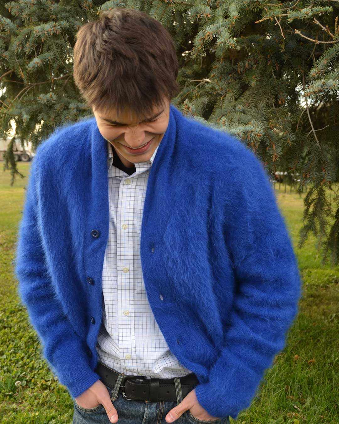 Men's solid-color angora cardigan sweater with shawlneck collar in luxury wool blend