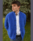 Men's solid-color angora cardigan sweater with shawl neck collar in a plush, luxury knit