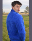 Men's solid-color angora cardigan sweater with shawlneck collar in a sleek, luxurious design