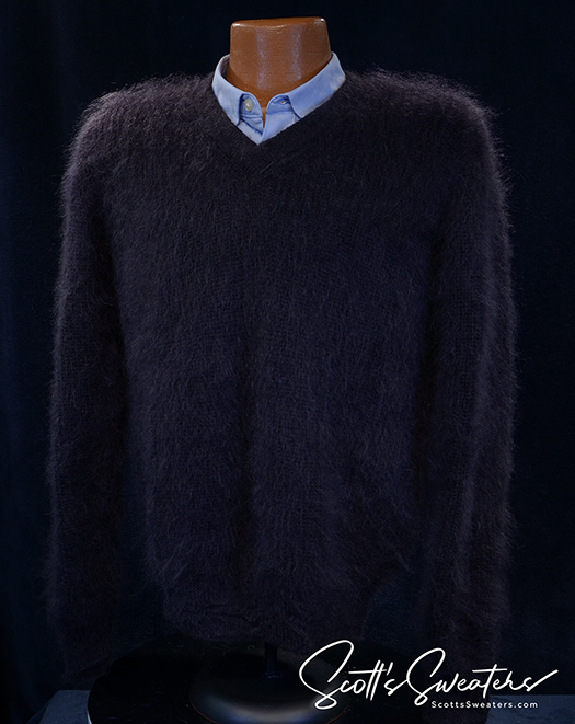 Men's shaggy mohair V-neck pullover sweater in blue, gold, and black colors