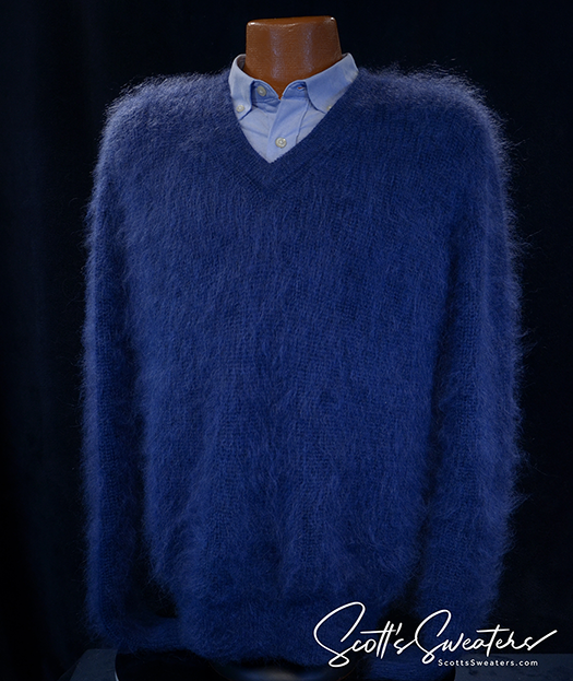 Men's shaggy mohair V-neck pullover sweater in blue, gold, and black colors