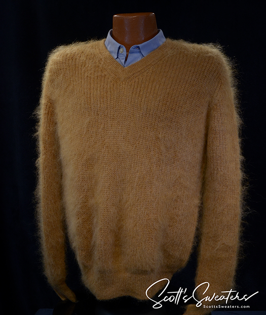 Men's shaggy mohair V-neck pullover sweater in blue, gold, and black colors